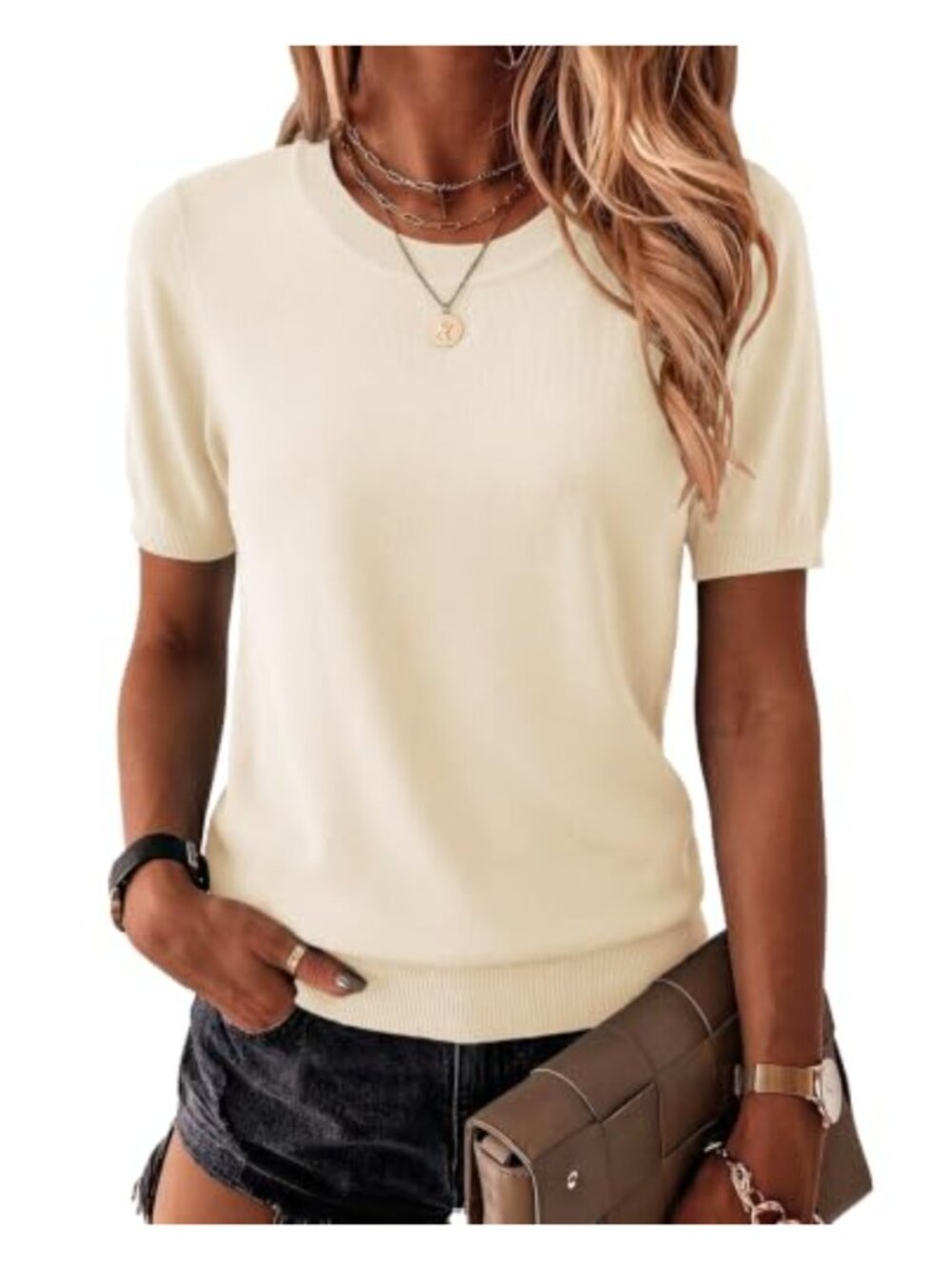 Short Sleeve Pullover Sweater Crew Neck Lightweight Viscose Knit Top